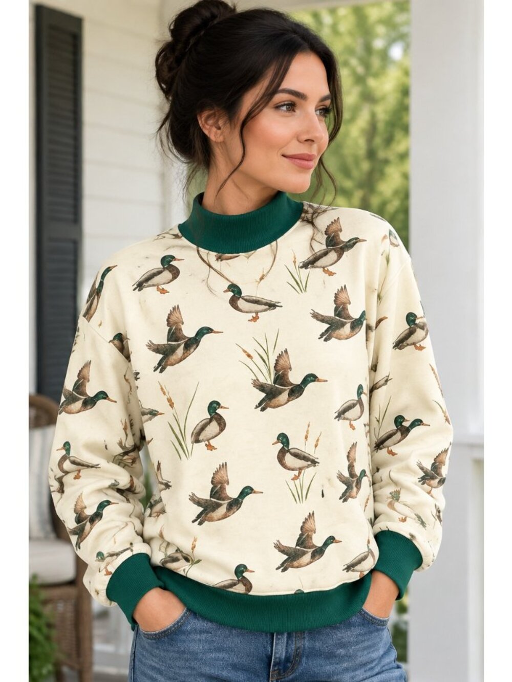 Mallard Duck Southern Contrasting Mock Neck County Western Pullover Sweatshirt - Picture 7 of 8